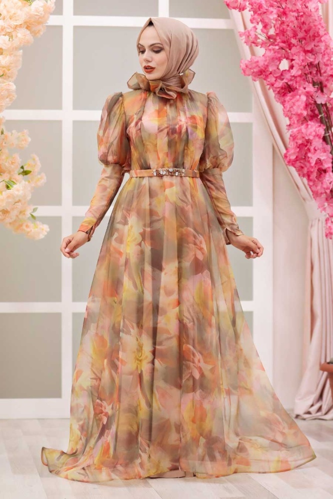 Orange-Tesettürlü Abiye Elbise-Robe de Soirée Hijab-41082T - 1