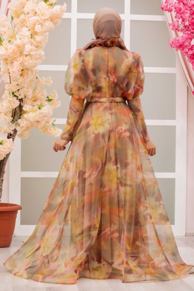 Orange-Tesettürlü Abiye Elbise-Robe de Soirée Hijab-41082T - 2