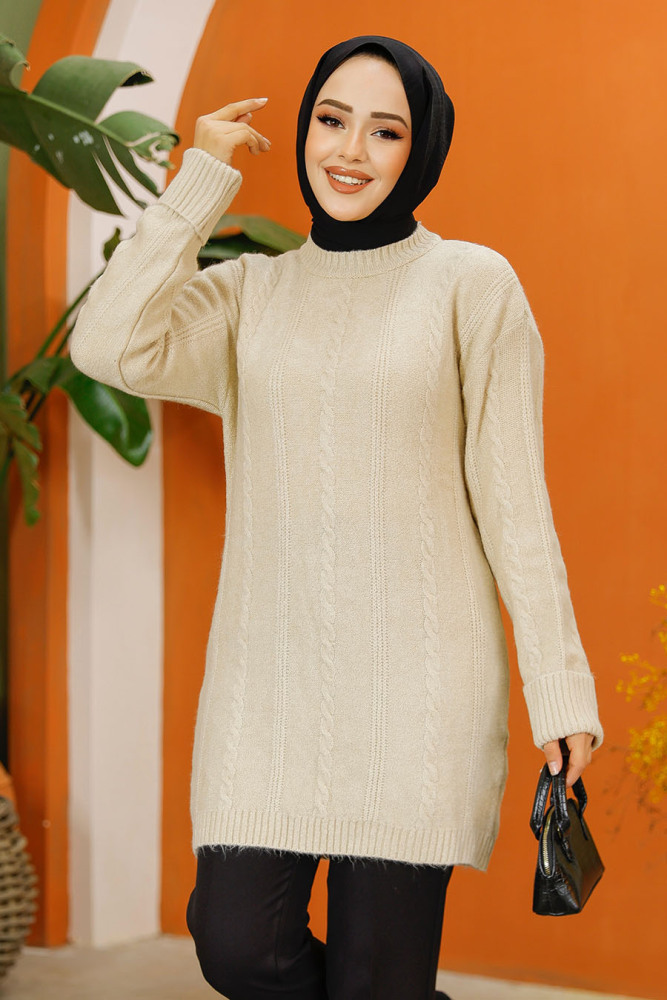 Pull long en maille tricotée à motifs en maille tunique – Beige 20051BEJ - 2