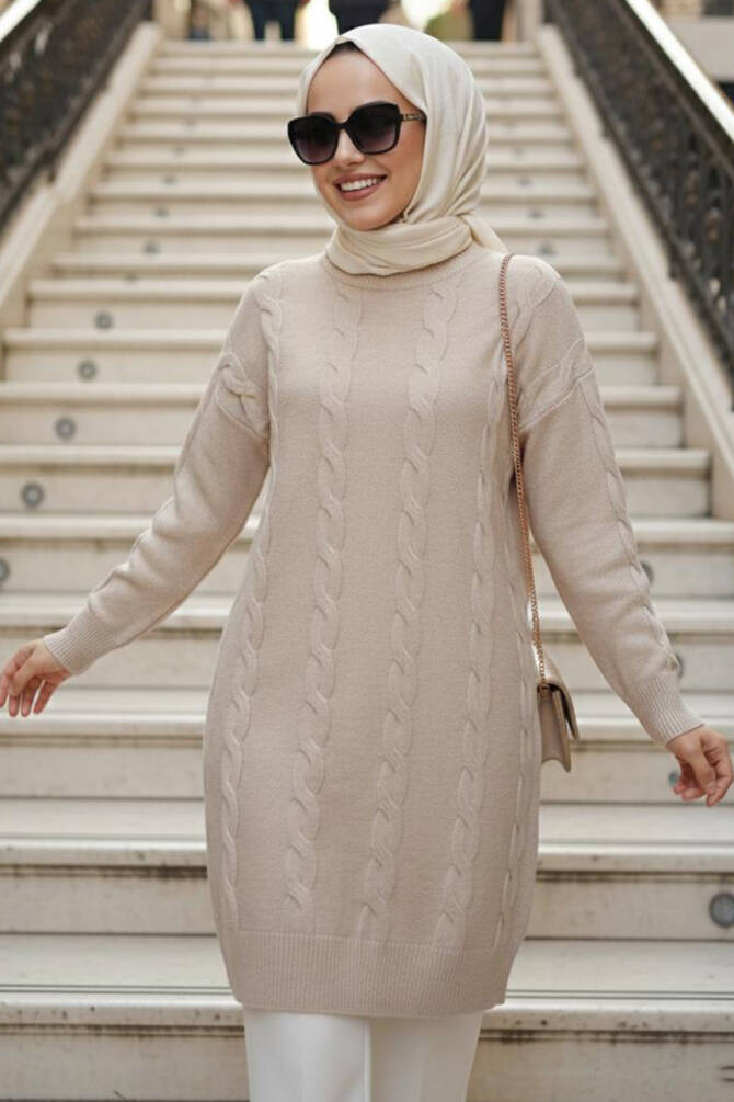 Örgü Detaylı Bej Tesettür Triko Kazak 60051BEJ - 1