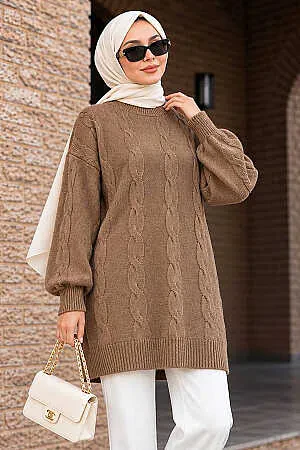 Knit-Detail Biscuit Modest Knit Sweater 60051BS 