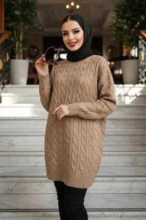 Örgü Detaylı Camel Tesettür Triko Kazak Tunik 8263C 