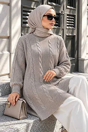 Örgü Detaylı Gri Tesettür Triko Kazak 60051GR 