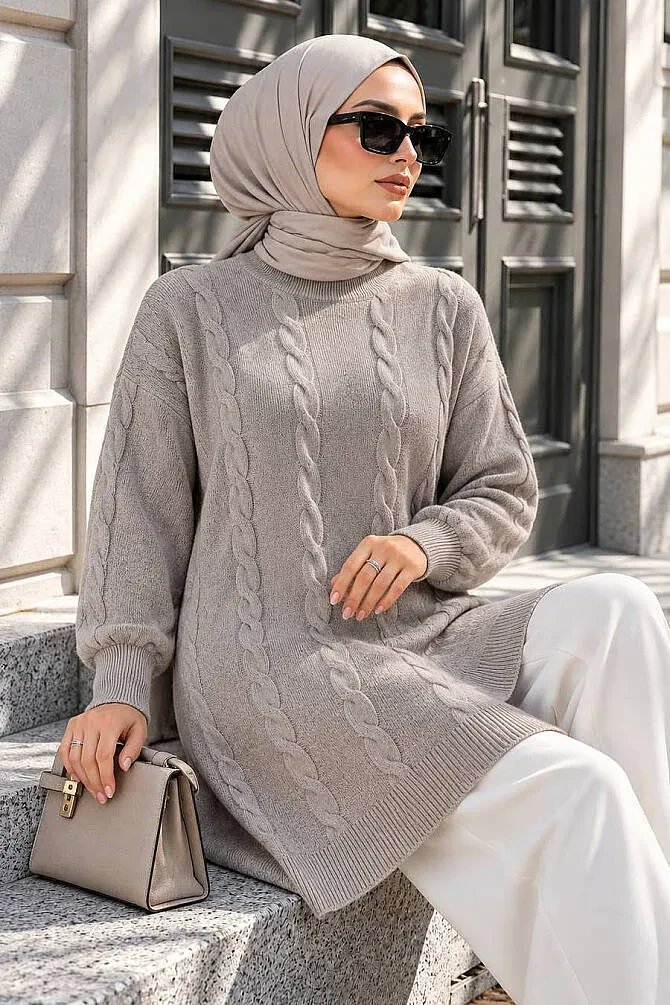 Örgü Detaylı Gri Tesettür Triko Kazak 60051GR - 1
