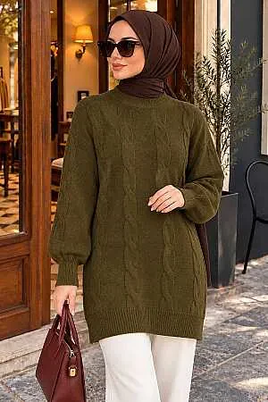 Knit-Detail Khaki Modest Knit Sweater 60051HK 
