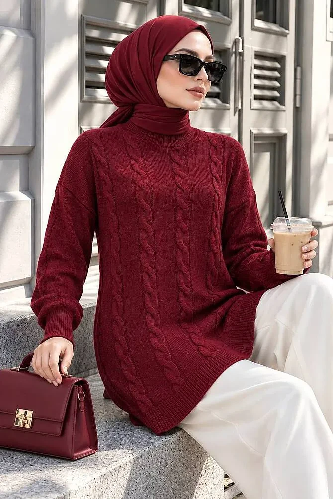 Örgü Detaylı Koyu Bordo Tesettür Triko Kazak 60051KBR - 1