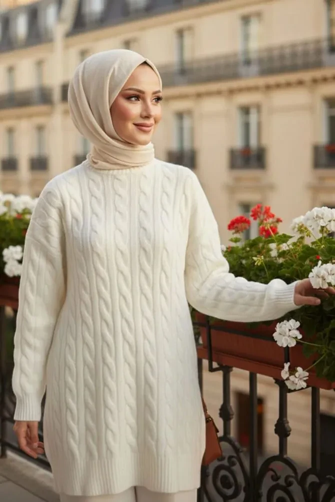 Örgü Detaylı Krem Tesettür Triko Kazak Tunik 8263KR - 1