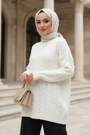 Örgü Detaylı Krem Tesettür Triko Kazak Tunik 8652KR - 1