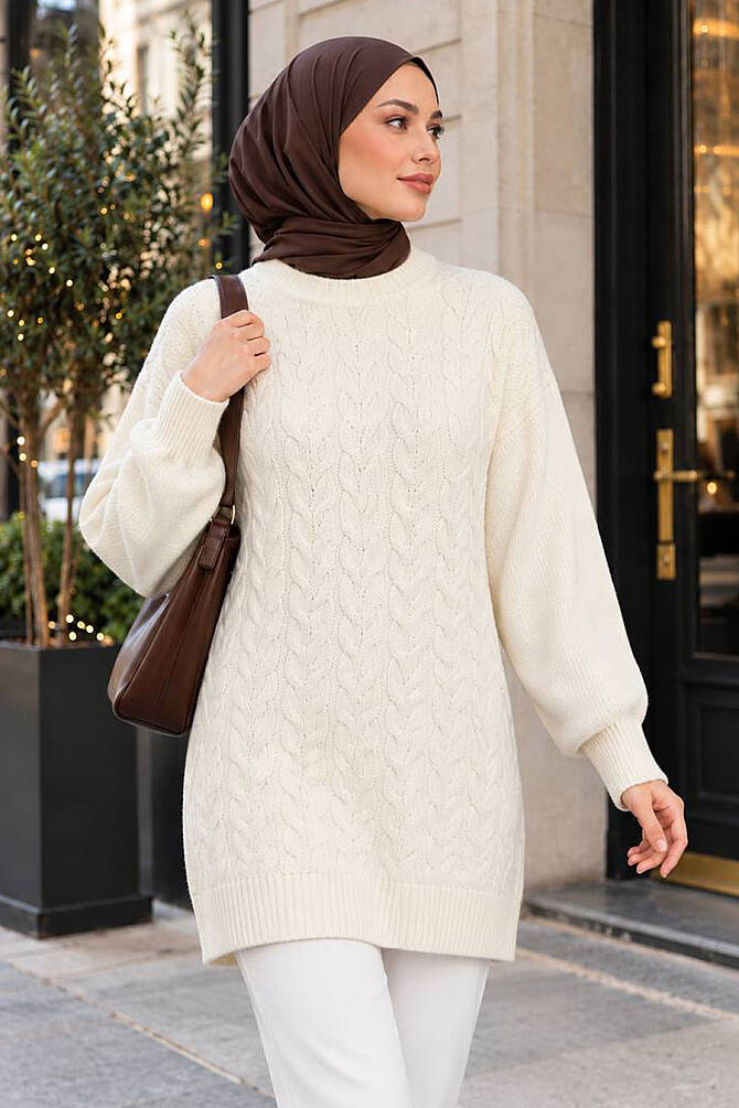 Örgü Detaylı Krem Tesettür Triko Kazak Tunik 8652KR - 1