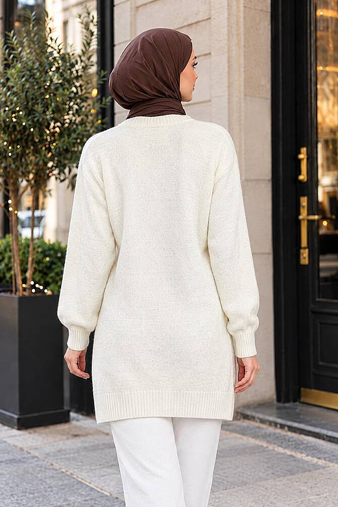 Örgü Detaylı Krem Tesettür Triko Kazak Tunik 8652KR - 2