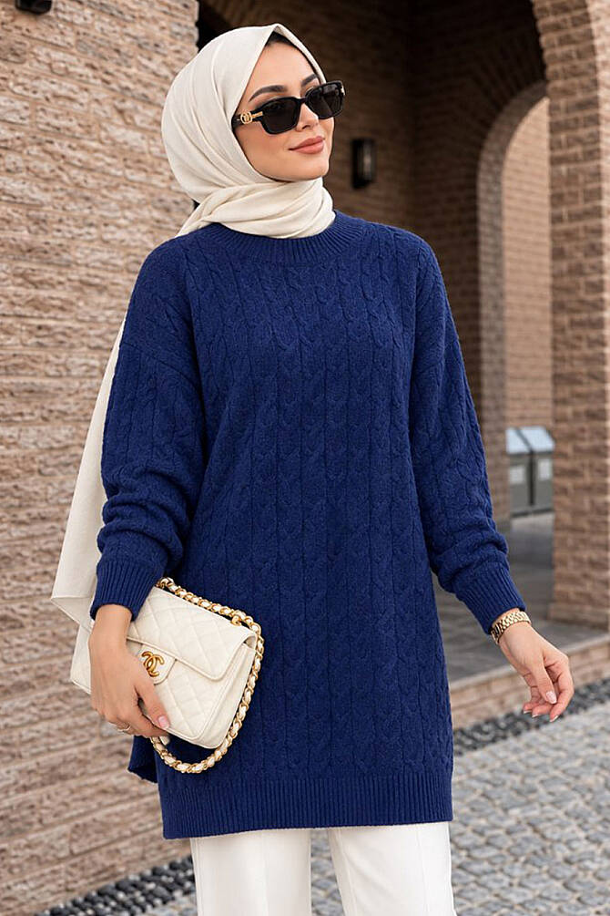 Knit-Detail Navy Modest Knit Sweater Tunic 8263L - 1
