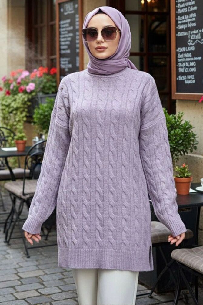 Örgü Detaylı Lila Tesettür Triko Kazak Tunik 8263LILA - 1