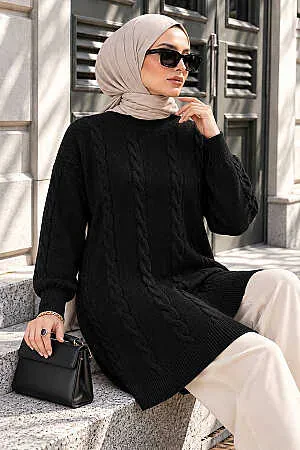 Örgü Detaylı Siyah Tesettür Triko Kazak 60051S - N.S NEVA STYLE