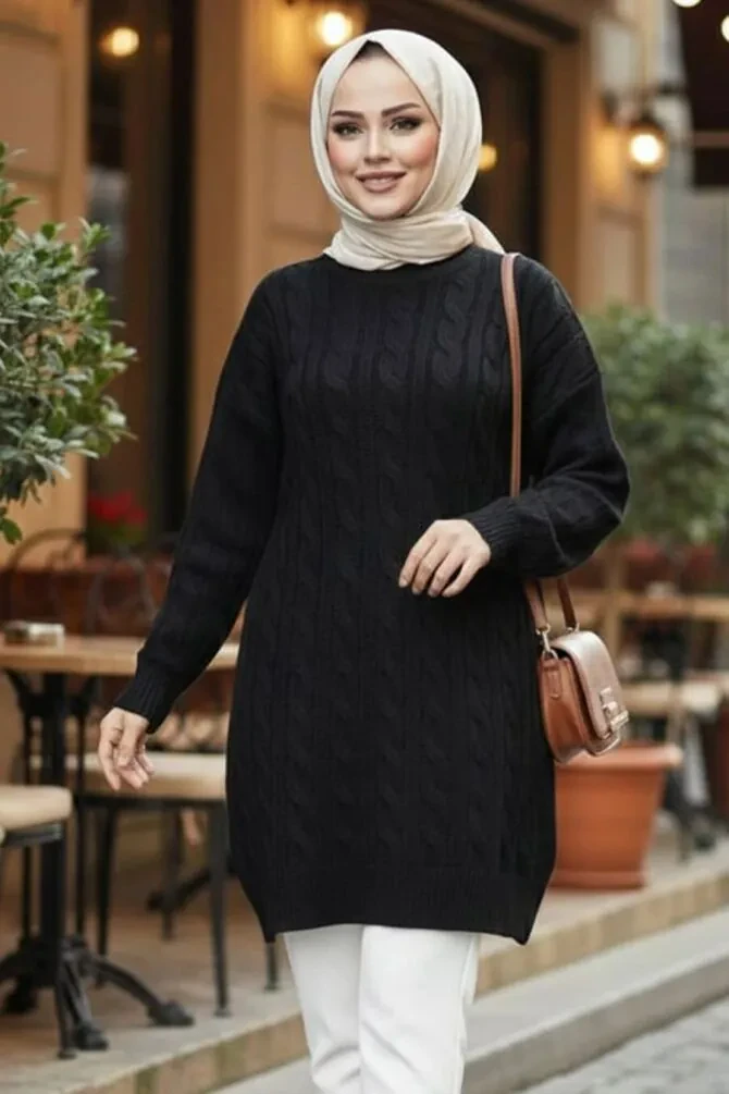 Örgü Detaylı Siyah Tesettür Triko Kazak Tunik 8263S - 1