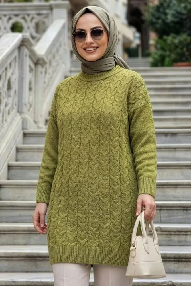 Örgü Detaylı Yağ Yeşili Tesettür Triko Kazak Tunik 8652YY - 1