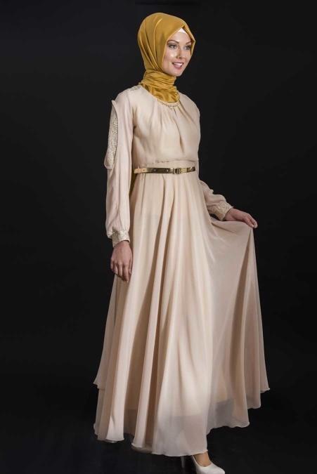 OzDuman - Beige Hijab Dress 6612BEJ - 2