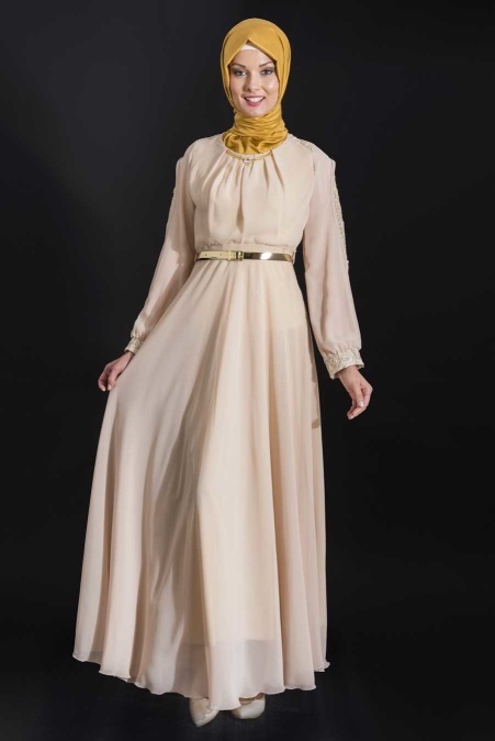 OzDuman - Beige Hijab Dress 6612BEJ