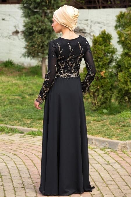 Siyah Tesettür Abiye Elbise 7083S - 2