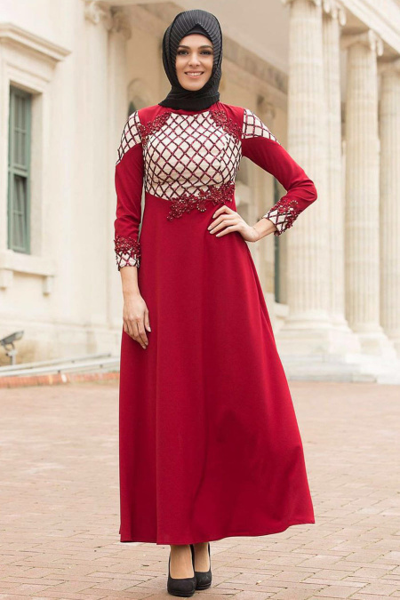 Kırmızı Tesettür Abiye Elbise 6990K