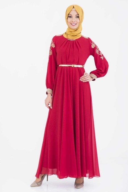 ÖzDuman - Kolları İşlemeli Kırmızı Elbise