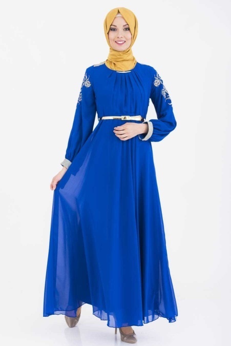 ÖzDuman - Kolları İşlemeli Sax Mavi Elbise