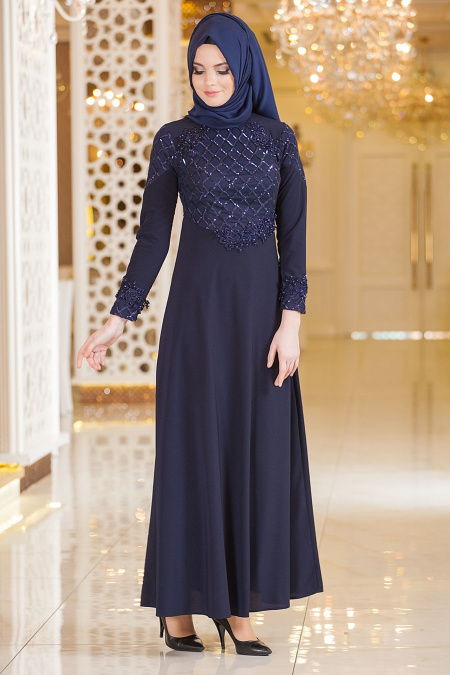 Lacivert Tesettür Abiye Elbise 6990L