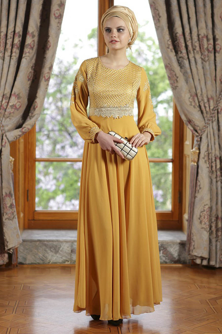 OzDuman - Mustard Hijab Dress 6661HR