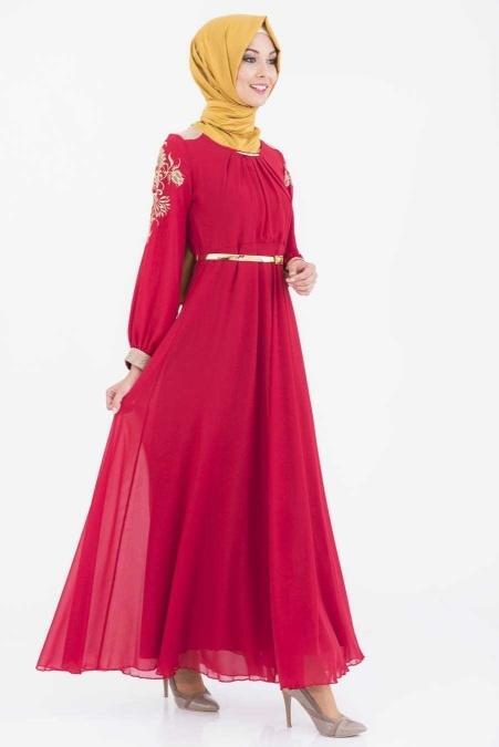 OzDuman - Red Hijab Dress 6651K - 2