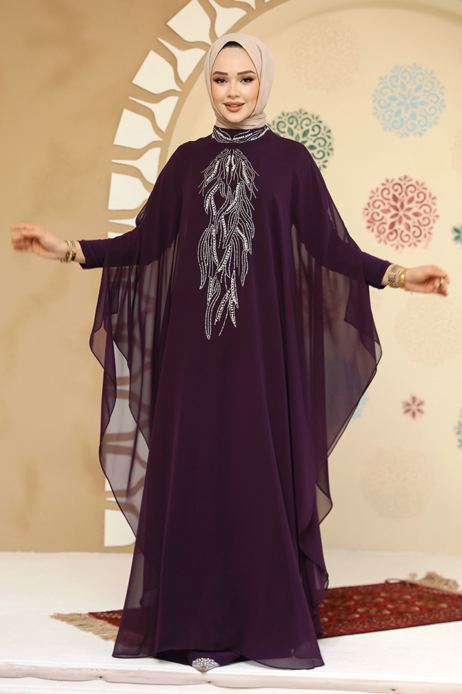 Panço Detaylı Koyu Mor Tesettür Abaya 25914KMOR - 2