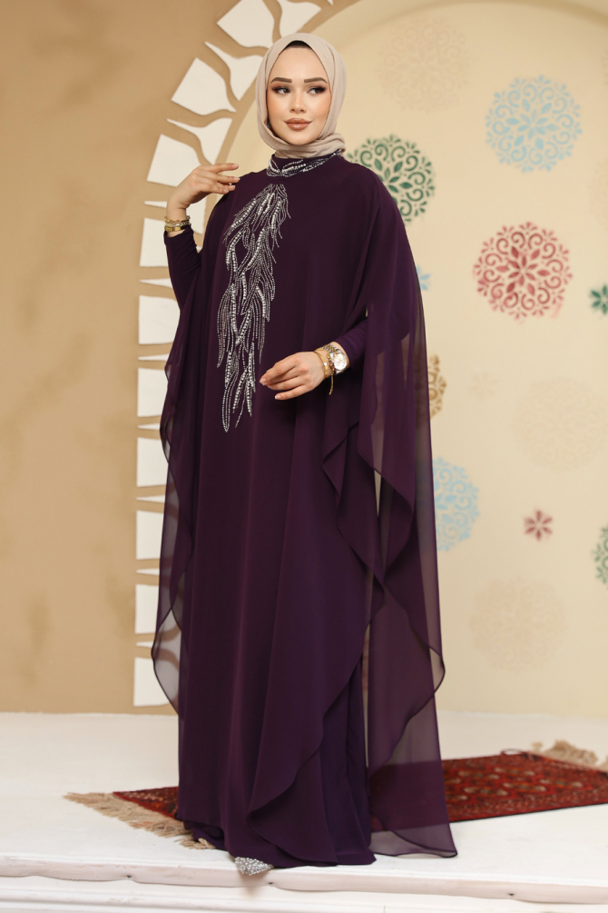 Panço Detaylı Koyu Mor Tesettür Abaya 25914KMOR - 1