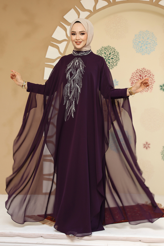 Panço Detaylı Koyu Mor Tesettür Abaya 25914KMOR - 3