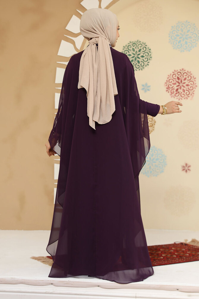 Panço Detaylı Koyu Mor Tesettür Abaya 25914KMOR - 4