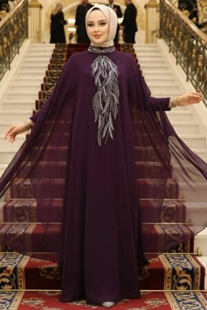 Panço Detaylı Koyu Mor Tesettür Abaya 25914KMOR - NEVA STYLE