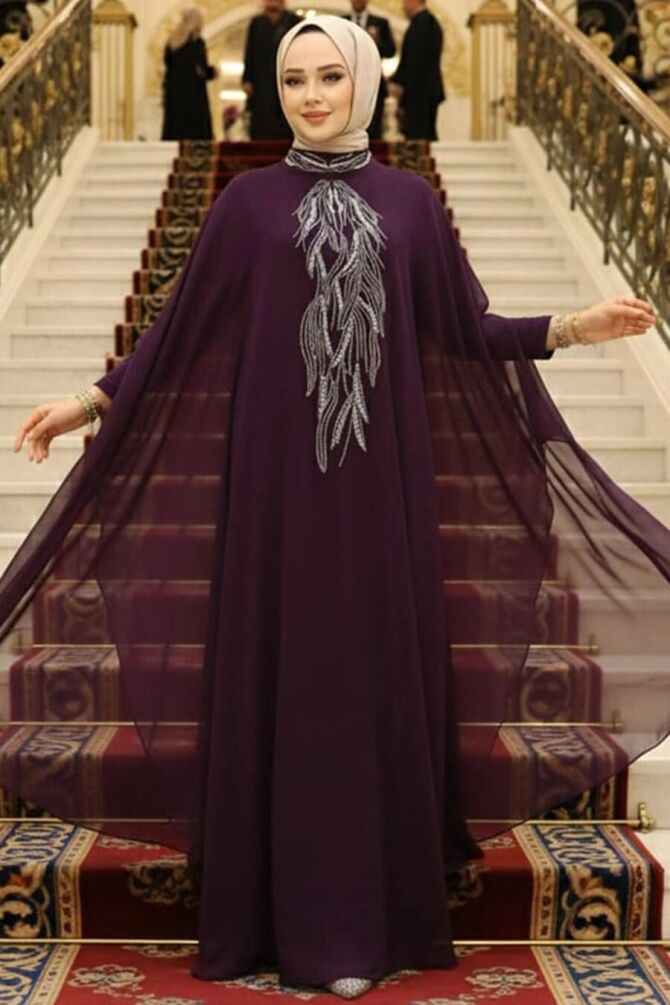 Panço Detaylı Koyu Mor Tesettür Abaya 25914KMOR - 1