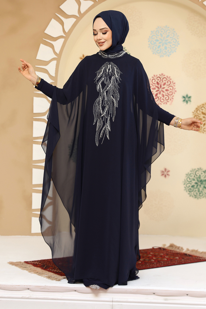 Panço Detaylı Lacivert Tesettür Abaya 25914L - 3