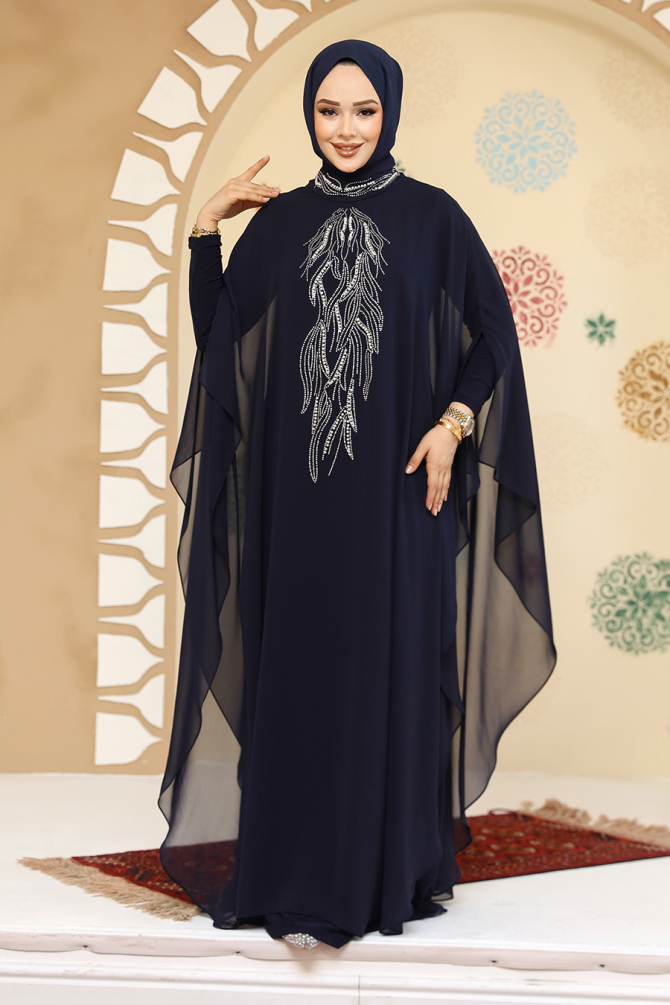 Panço Detaylı Lacivert Tesettür Abaya 25914L - 2