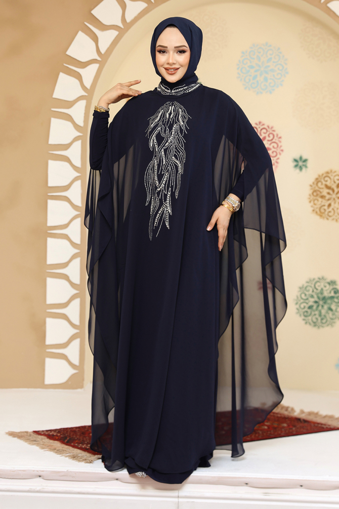 Panço Detaylı Lacivert Tesettür Abaya 25914L - 1