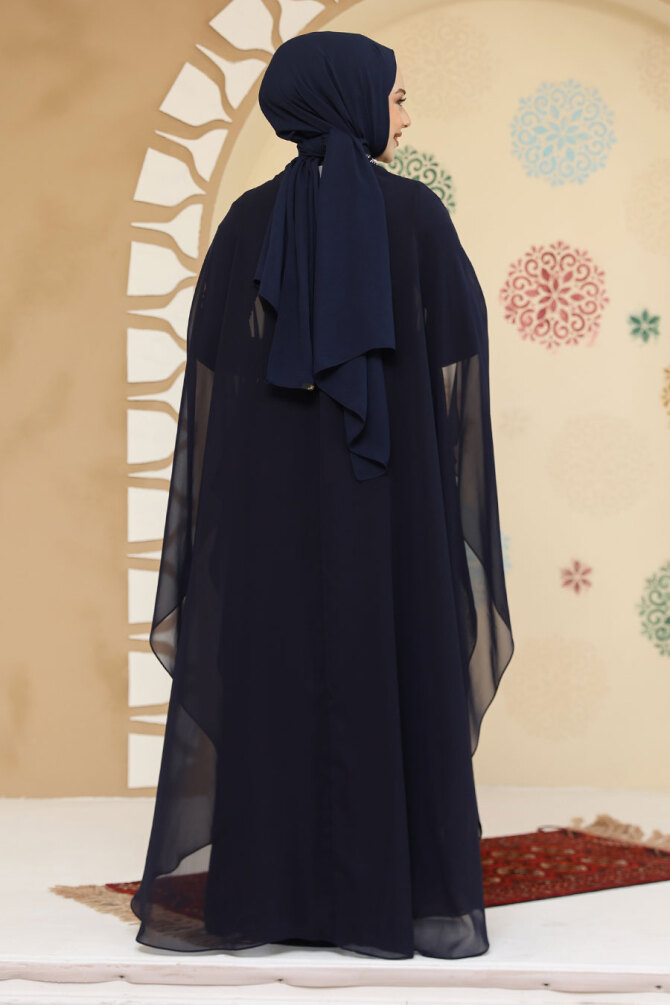 Panço Detaylı Lacivert Tesettür Abaya 25914L - 4