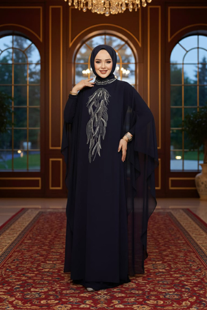 Panço Detaylı Lacivert Tesettür Abaya 25914L - 1