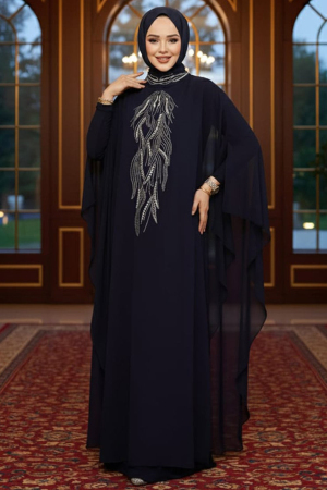 Panço Detaylı Lacivert Tesettür Abaya 25914L - NEVA STYLE
