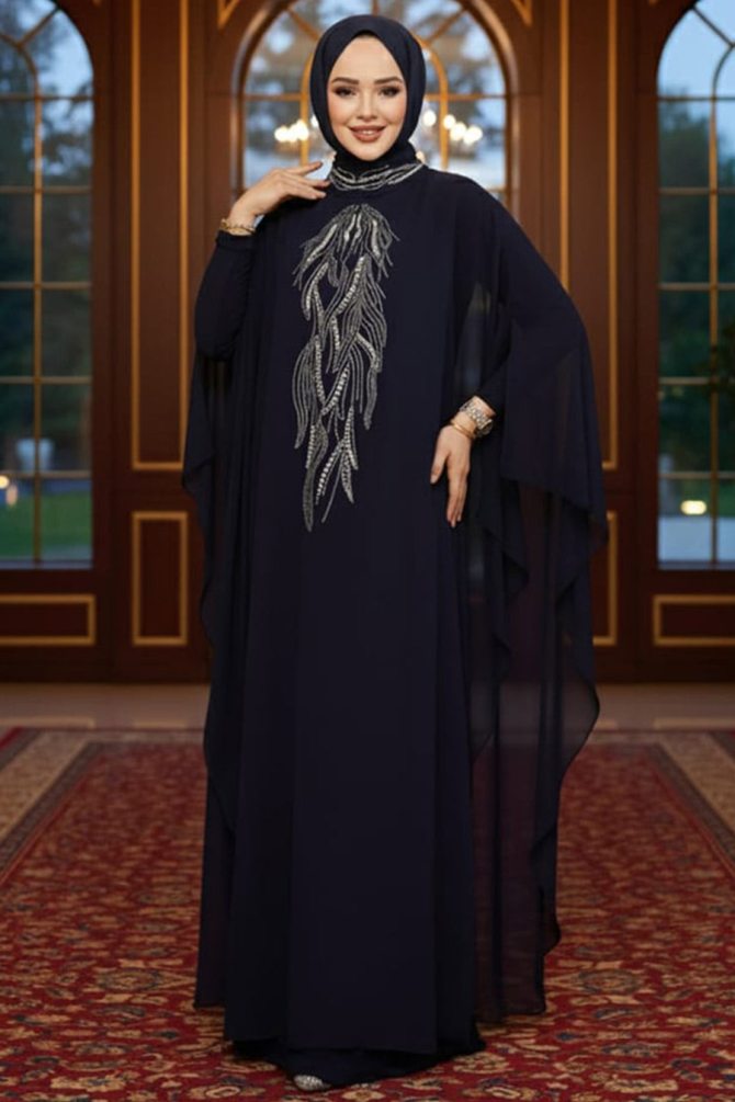Panço Detaylı Lacivert Tesettür Abaya 25914L - 1