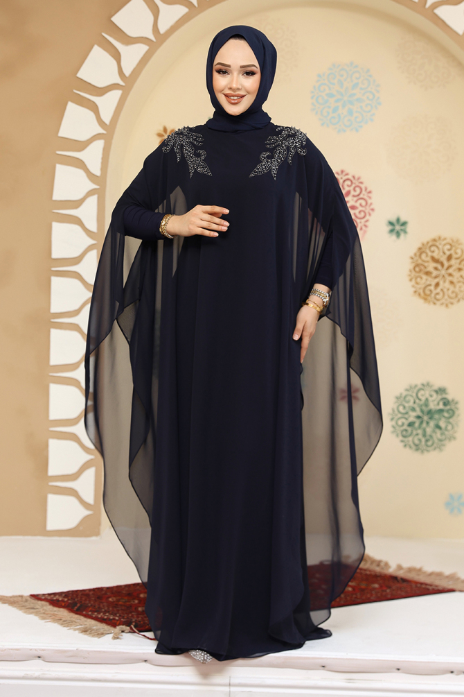 Panço Detaylı Lacivert Tesettür Abaya Elbise 25908L - 2
