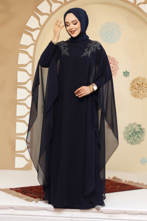 Panço Detaylı Lacivert Tesettür Abaya Elbise 25908L - 1
