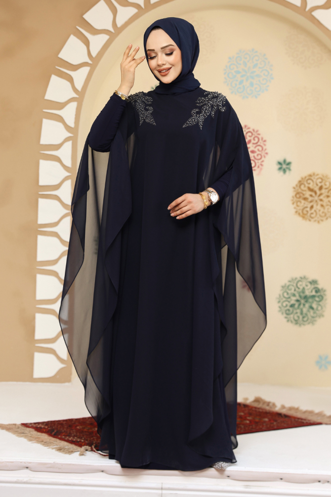 Panço Detaylı Lacivert Tesettür Abaya Elbise 25908L - 1