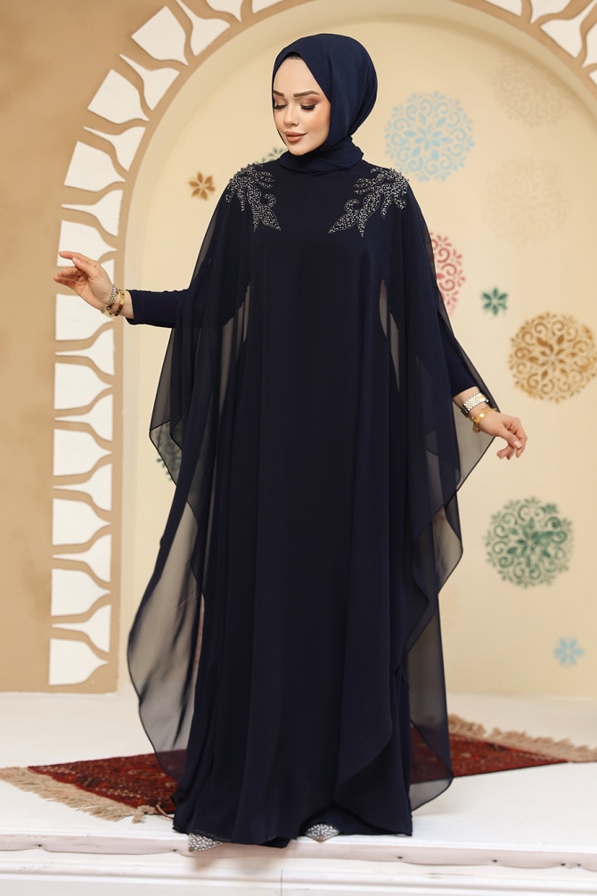 Panço Detaylı Lacivert Tesettür Abaya Elbise 25908L - 3