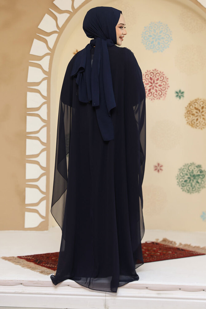 Panço Detaylı Lacivert Tesettür Abaya Elbise 25908L - 4