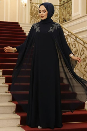 Panço Detaylı Lacivert Tesettür Abaya Elbise 25908L - NEVA STYLE