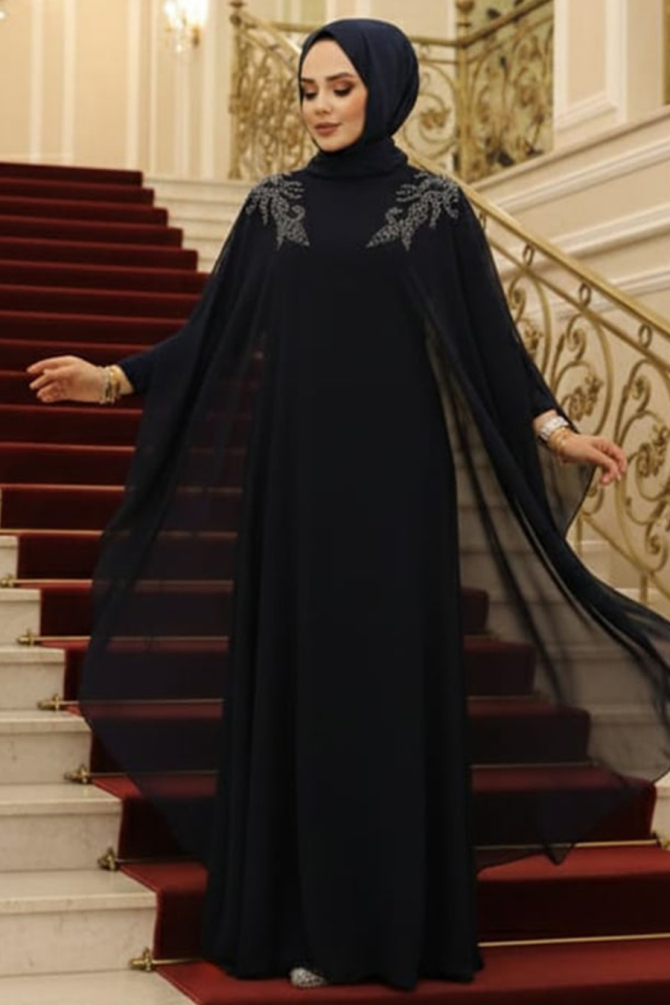 Panço Detaylı Lacivert Tesettür Abaya Elbise 25908L - 1