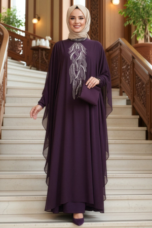Panço Detaylı Mürdüm Tesettür Abaya 25914MU - NEVA STYLE