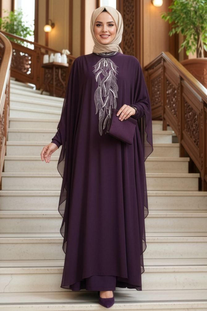 Panço Detaylı Mürdüm Tesettür Abaya 25914MU - 1